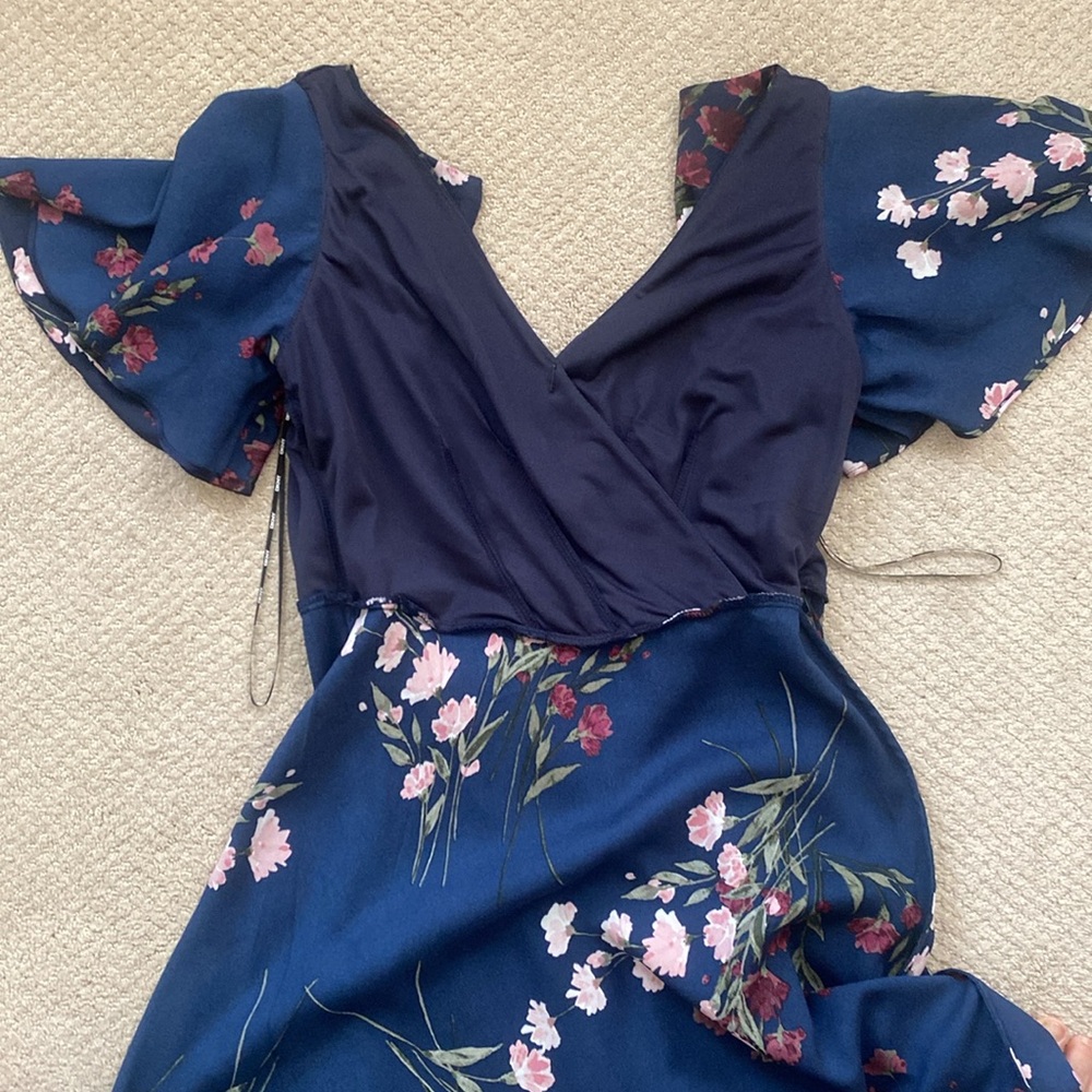 DKNY Midi Floral Dress Size 4 Flutter Sleeve Tie Waist Navy Easter Garden Party - Picture 10 of 15